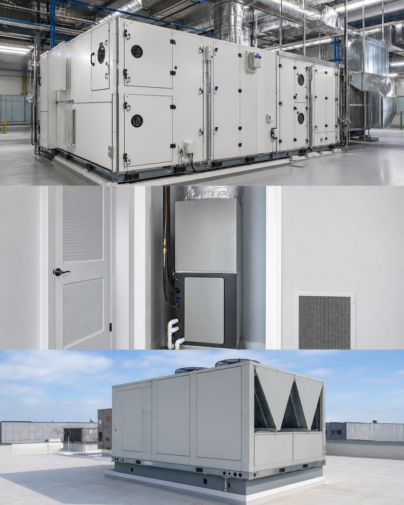 Visual comparison of modular commercial AHU, residential air handler and packaged rooftop unit