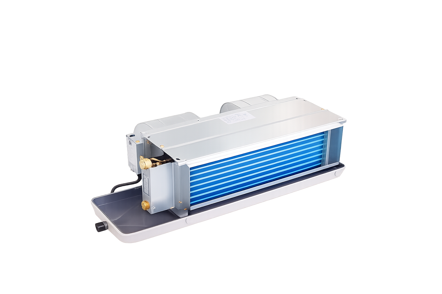 Concealed horizontal fan coil unit with exposed coil and drain tray