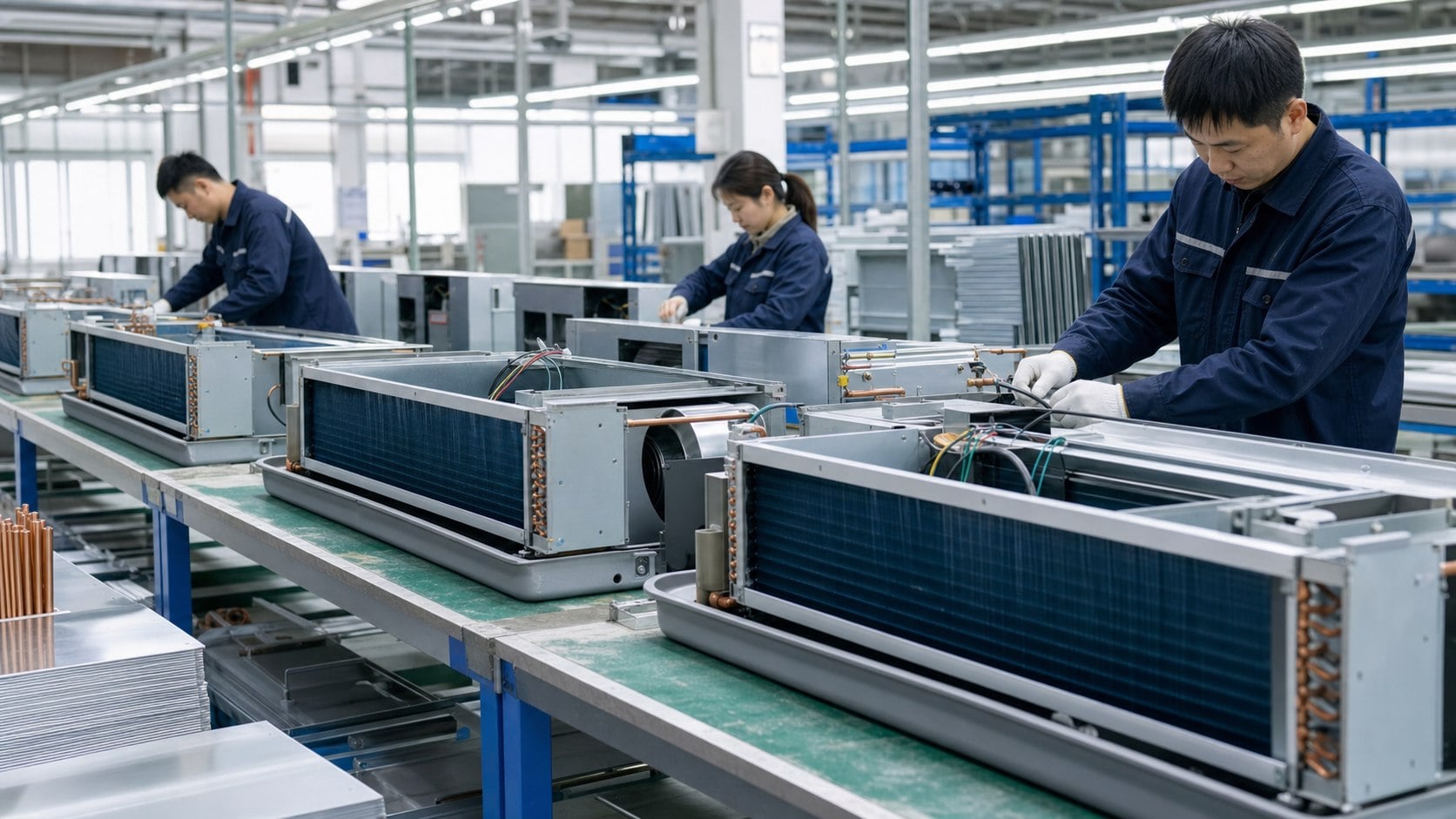 Fan coil units assembled and inspected on HVAC production line