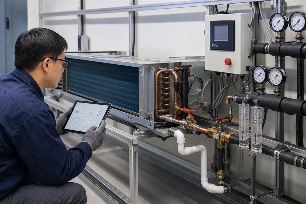 Fan coil unit connected to chilled water piping on HVACR test bench