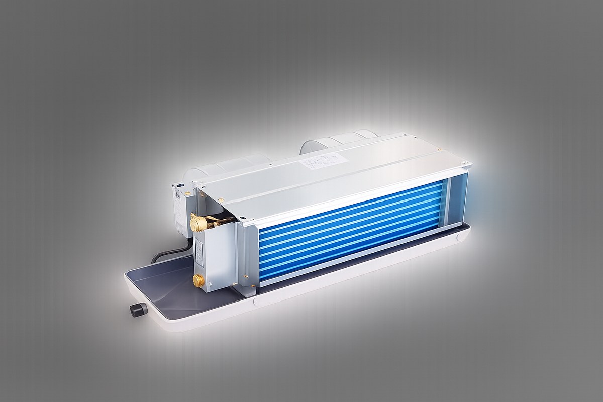 KAFP horizontal concealed fan coil unit showing galvanized casing, blue coil face and drain pan