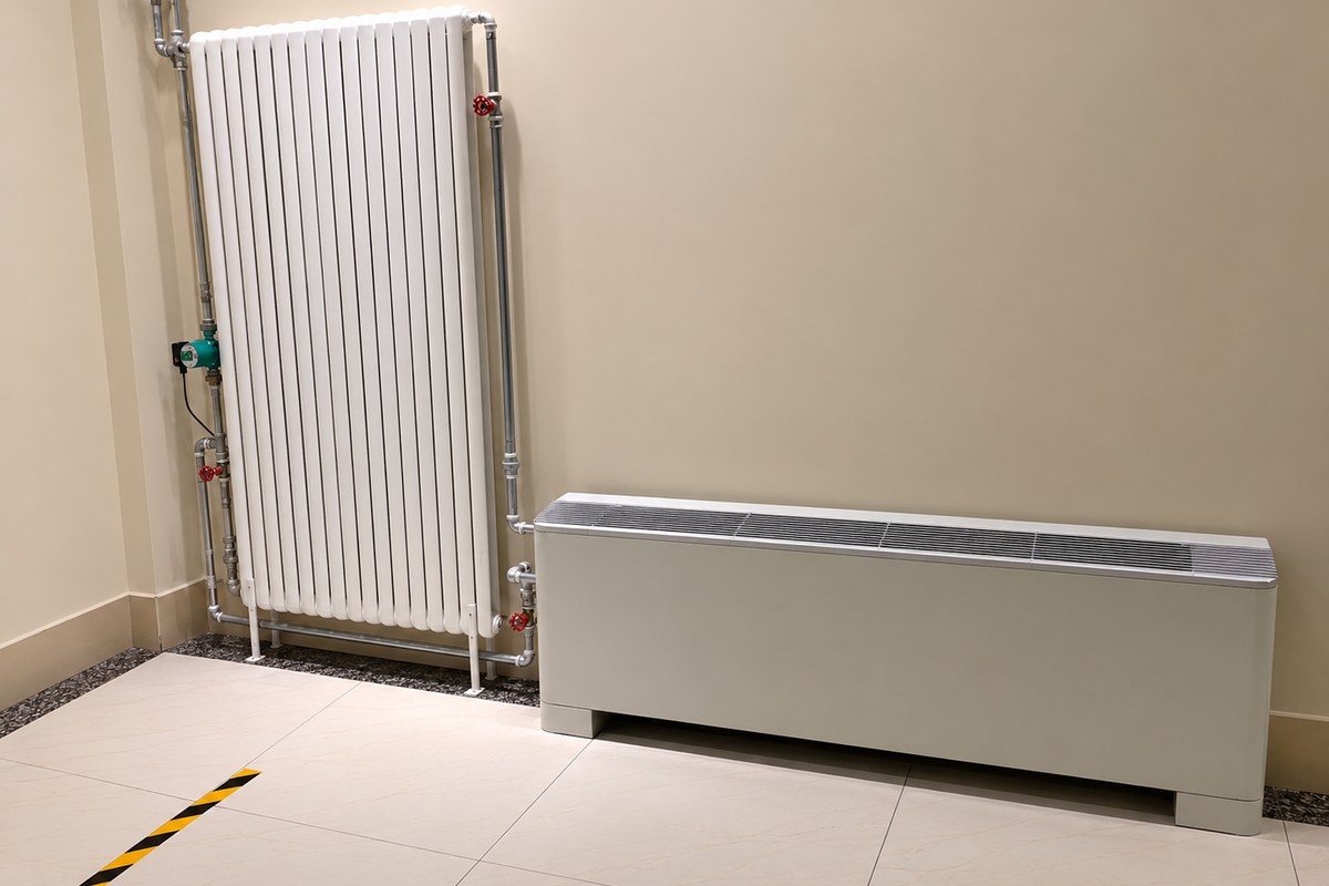 Under-window vertical fan coil used for perimeter heating beside a high-rise apartment window