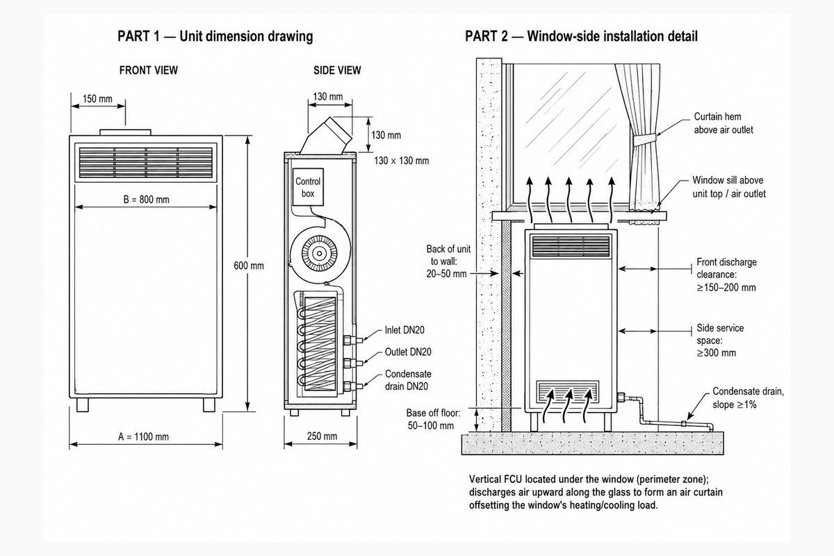 Window-side installation drawing for a floor-standing vertical fan coil unit with recirculated room air path