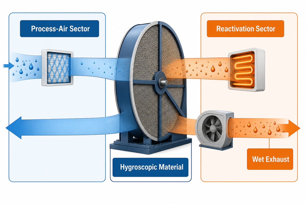 Desiccant dehumidifier mechanism map showing process air, hygroscopic material, reactivation and wet exhaust