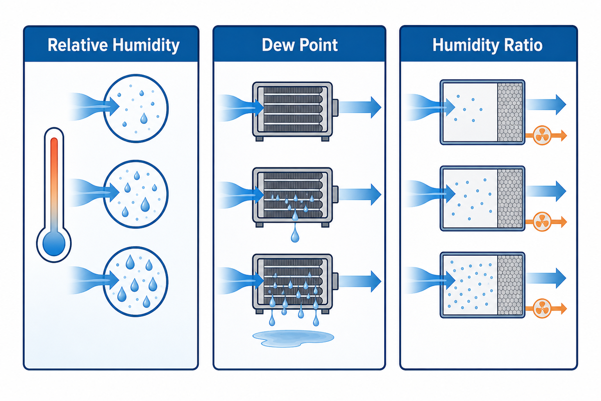 Relative humidity, dew point and humidity ratio compared as three different measures of air moisture
