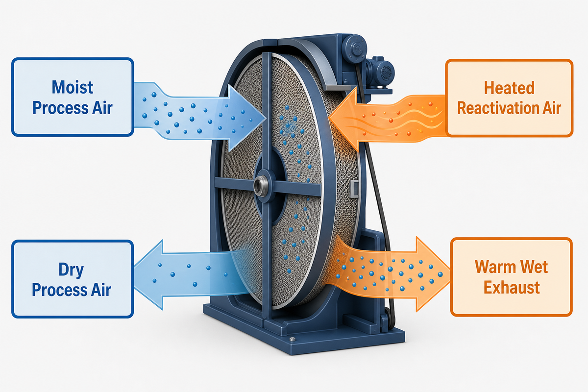 Two-airstream moisture map through a rotary desiccant wheel from moist process air to wet exhaust