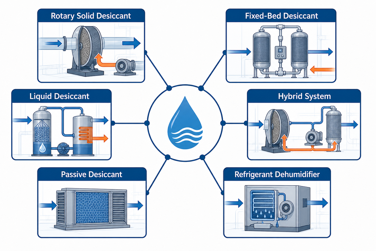 Map of rotary, fixed-bed, liquid, hybrid, passive and refrigerant dehumidification system families