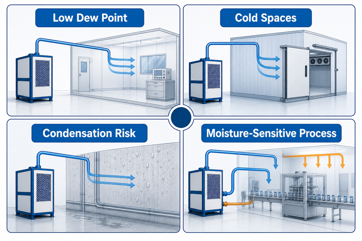 Decision screen for low dew point, cold spaces, condensation risk and moisture-sensitive processes