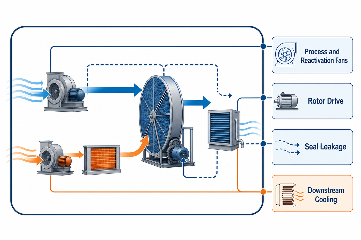 Whole-system desiccant energy boundary with fans, rotor drive, seal leakage and downstream cooling