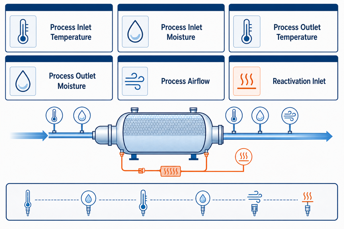 Commissioning record framework for process temperatures, moisture, airflow and reactivation conditions