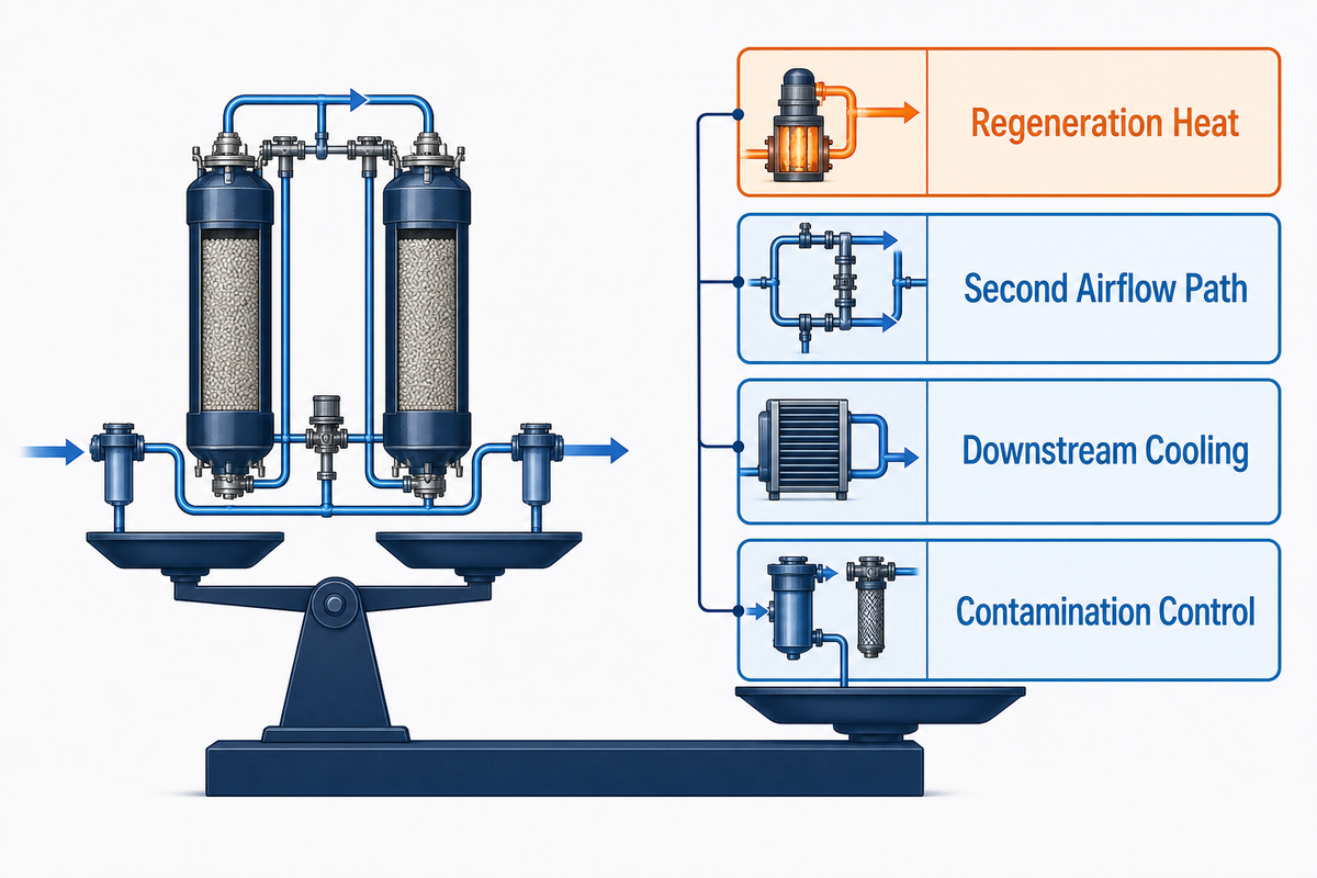 Desiccant dehumidifier trade-offs including regeneration heat, second airflow path, cooling and contamination