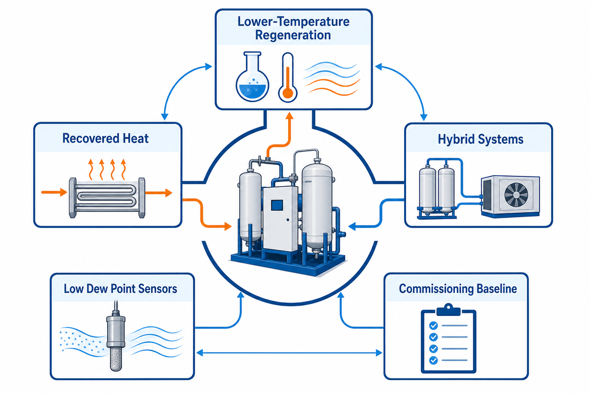 Desiccant development themes: lower-temperature regeneration, recovered heat, hybrid systems and better sensing