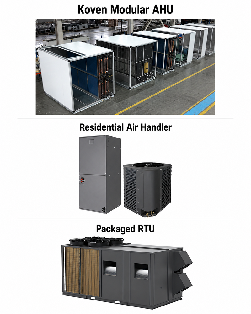 Visual comparison of modular commercial AHU, residential air handler and packaged rooftop unit