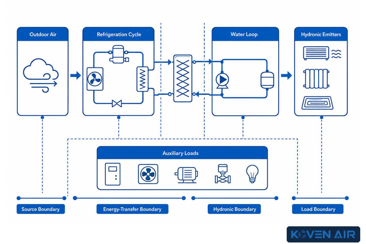 Air-to-water system boundary connecting outdoor air, refrigeration, water loop, emitters and auxiliary loads