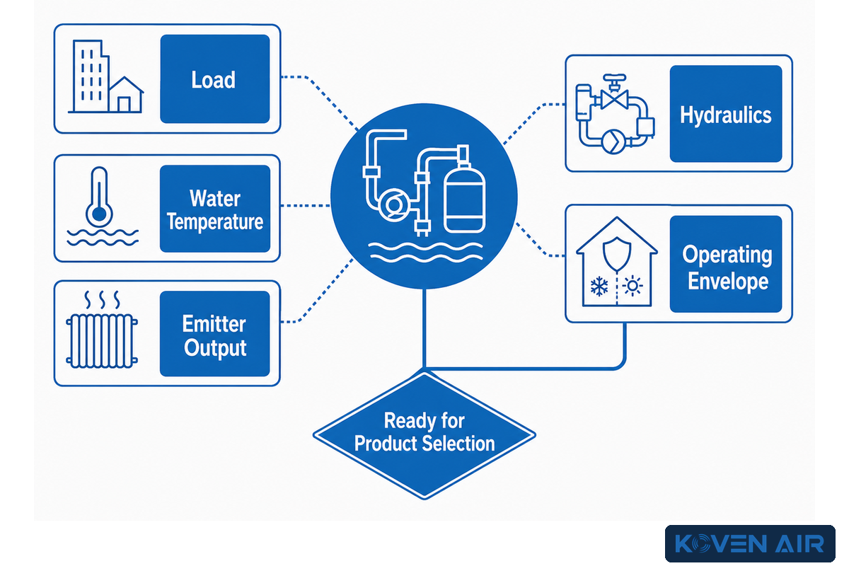 Five-input hydronic fit check covering load, water temperature, emitter output, hydraulics and operating envelope