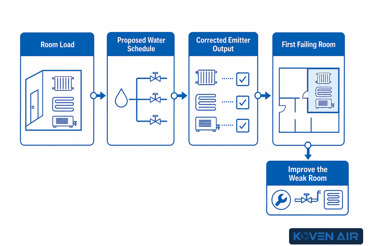 Emitter retrofit path from room load and water schedule to corrected output and the first failing room