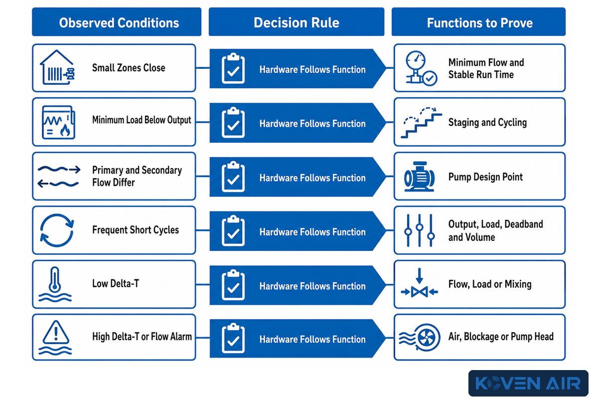 Function-first hydronic matrix for zoning, flow, cycling, pump interaction and delta-T symptoms