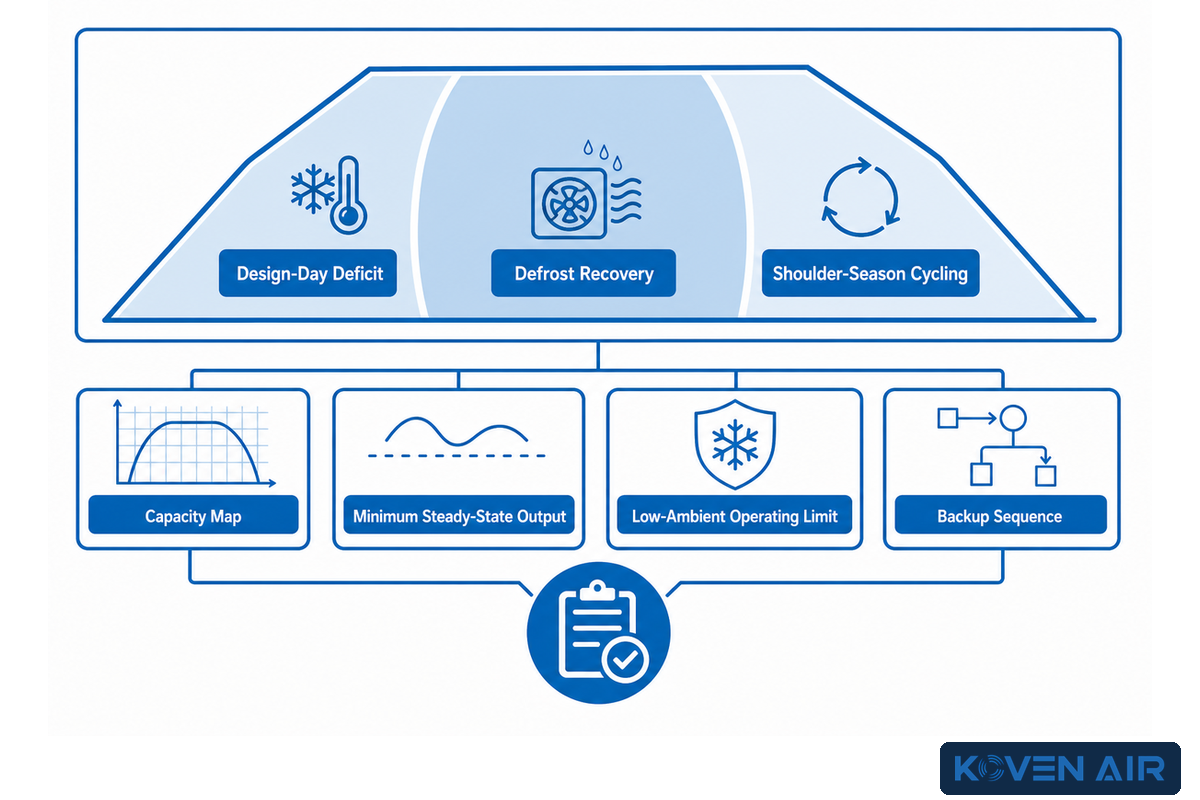 Cold-weather envelope joining design capacity, defrost recovery, turn-down evidence and backup sequence