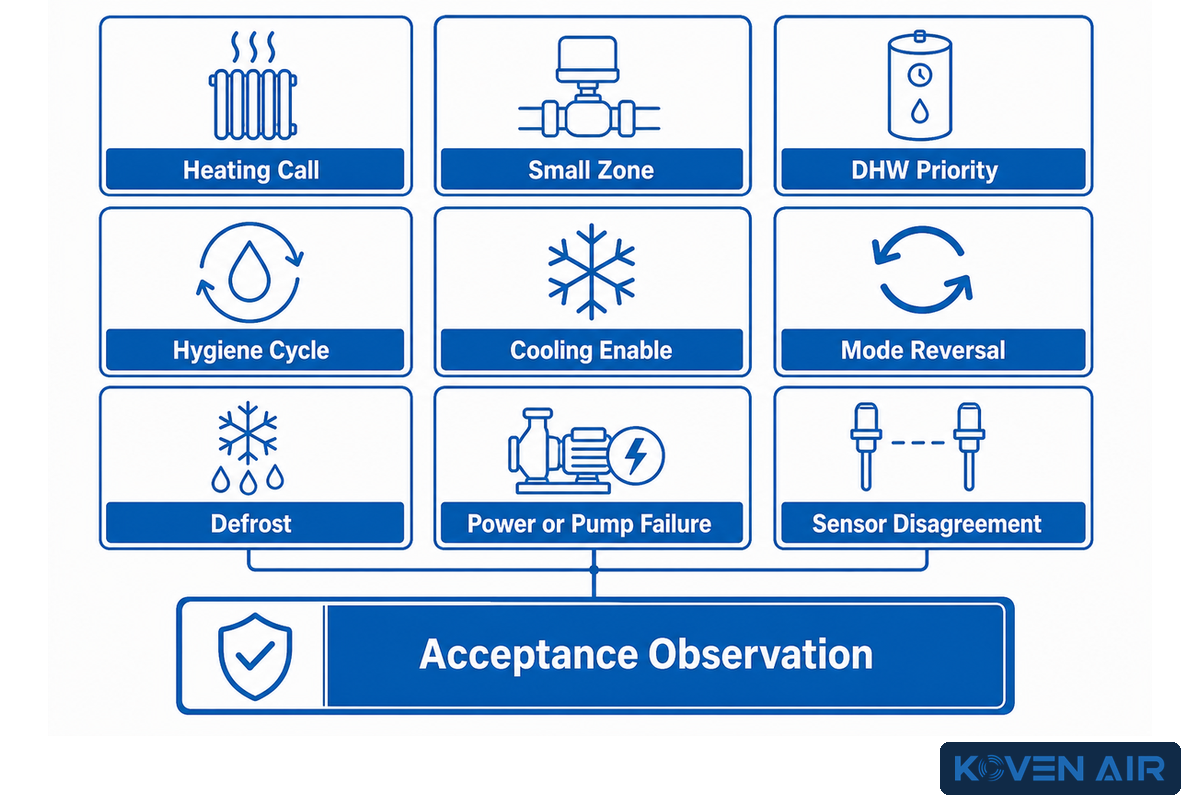 Nine-event control board for heating, cooling, DHW, defrost, failures and sensor disagreement