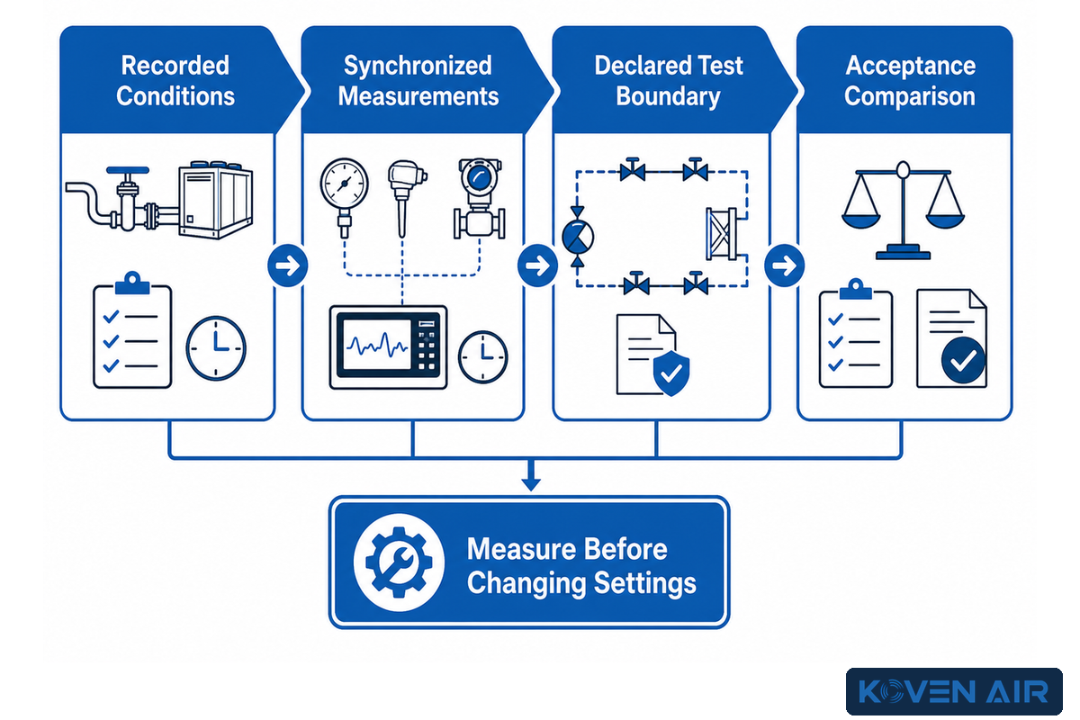 Commissioning path from recorded conditions and synchronized measurements to acceptance comparison and action