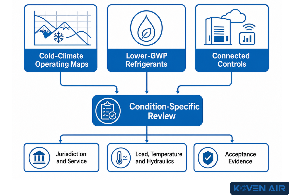 2026 project review linking cold-climate maps, lower-GWP refrigerants and connected controls to evidence