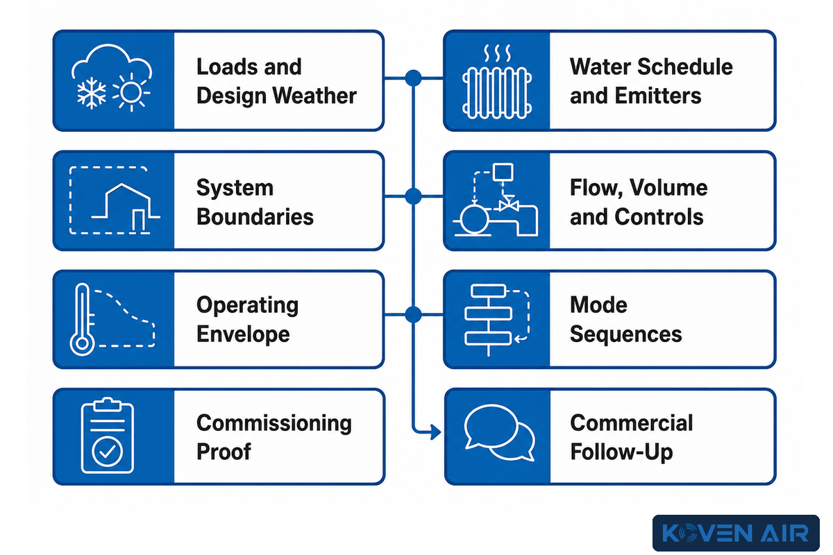 Air-to-water project brief covering loads, emitters, boundaries, flows, operating envelope and proof