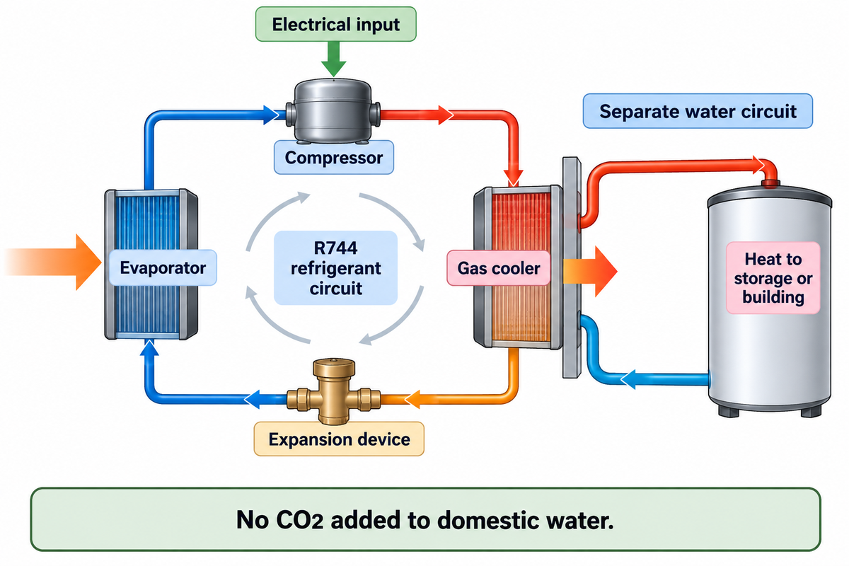 R744 cycle with compressor, gas cooler, expansion device and evaporator; heat crosses into a separate water circuit.