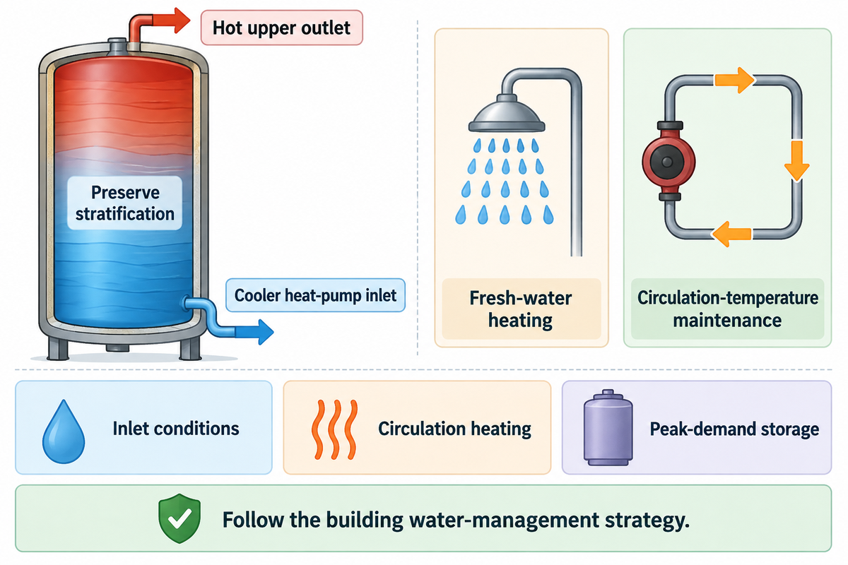 Stratified storage separates cold make-up heating from circulation heat loads; conceptual illustration, not a piping plan.