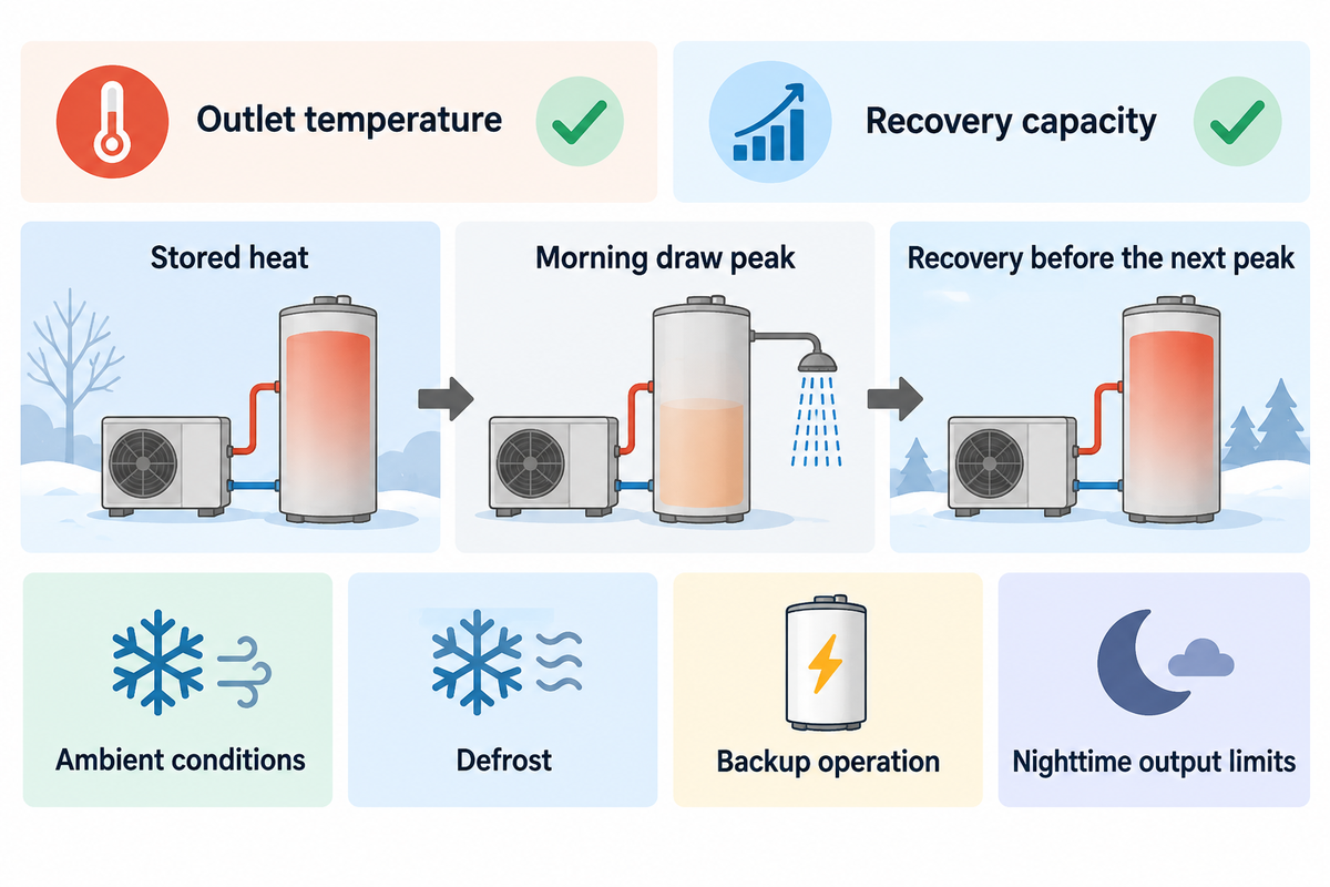 Winter recovery depends on peak draw, storage, ambient conditions, defrost and backup, alongside outlet temperature.