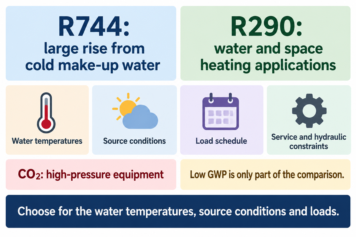 Balanced R744 and R290 comparison by duty conditions, load schedule and service constraints without a universal winner.