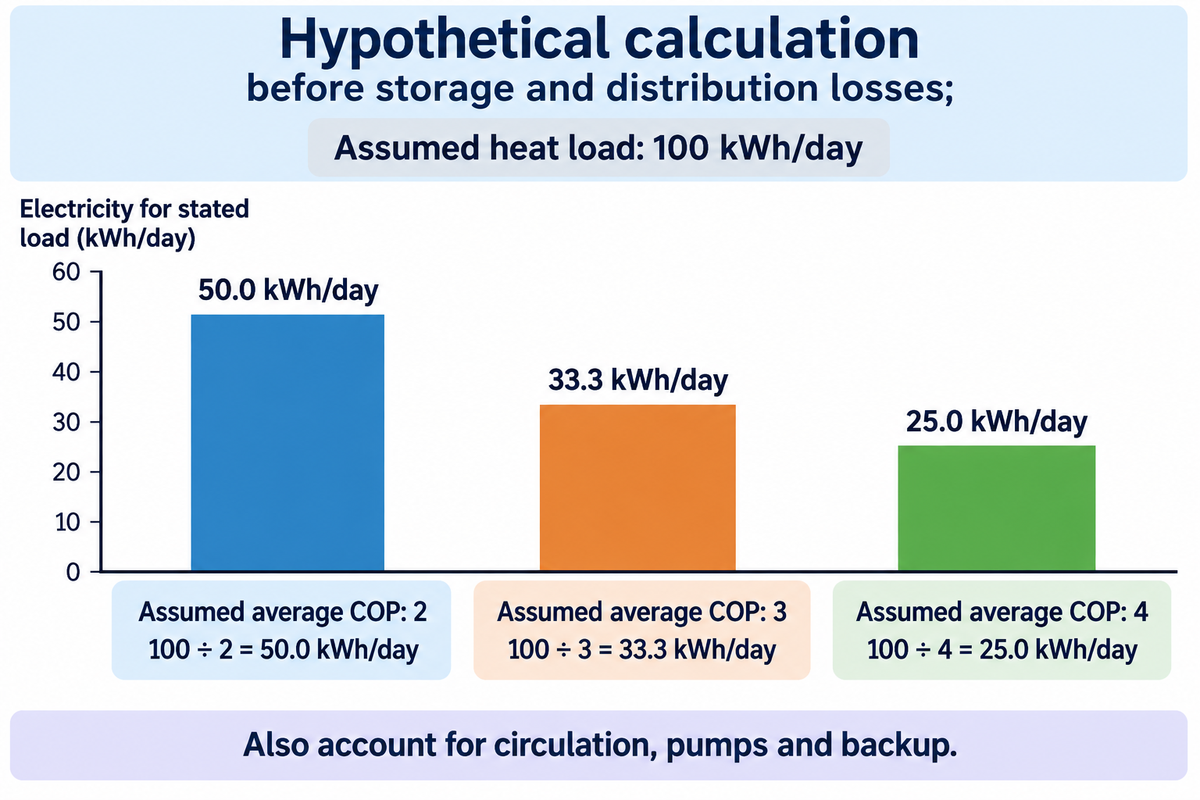 Assumed 100 kWh/day heat: COP 2, 3 and 4 use 50.0, 33.3 and 25.0 kWh/day electricity before added system loads.