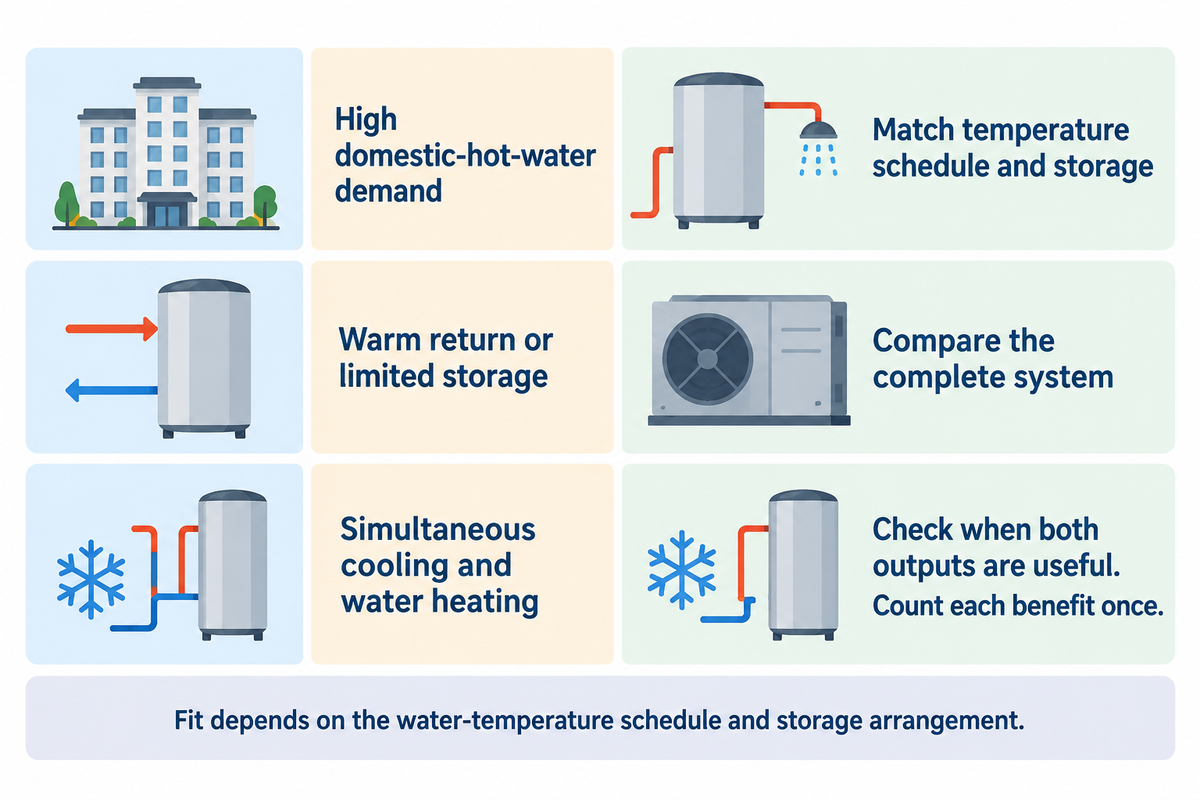 Application fit depends on temperature, storage and useful cooling; count each heating and cooling benefit once.