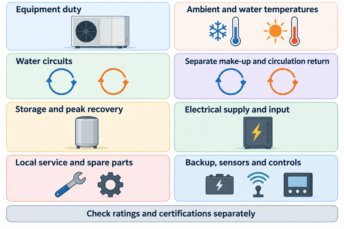 Quotations define duty, water circuits, storage, electricity, service and backup; verify certifications separately.