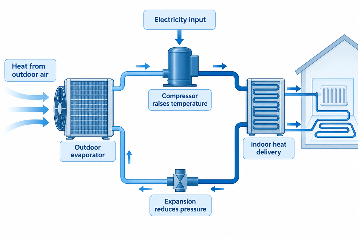 A compressor and electricity move outdoor heat to indoor air or water - Natural Resources Canada.