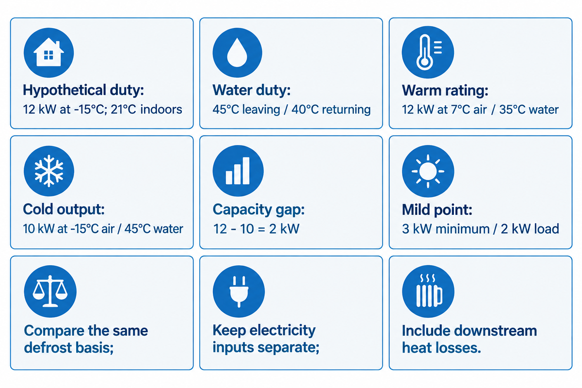 Hypothetical 12 kW load and 10 kW cold output leave a 2 kW gap at matched conditions - PNNL method.