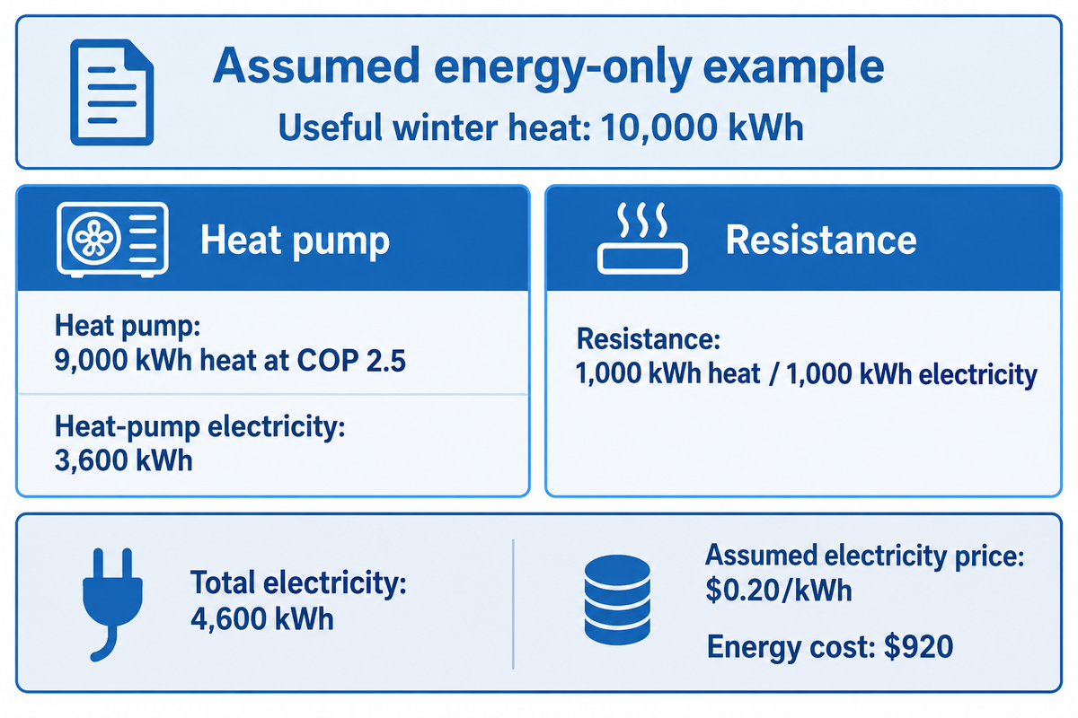Assumed 10,000 kWh heat needs 4,600 kWh electricity costing $920 at $0.20/kWh - worked example.