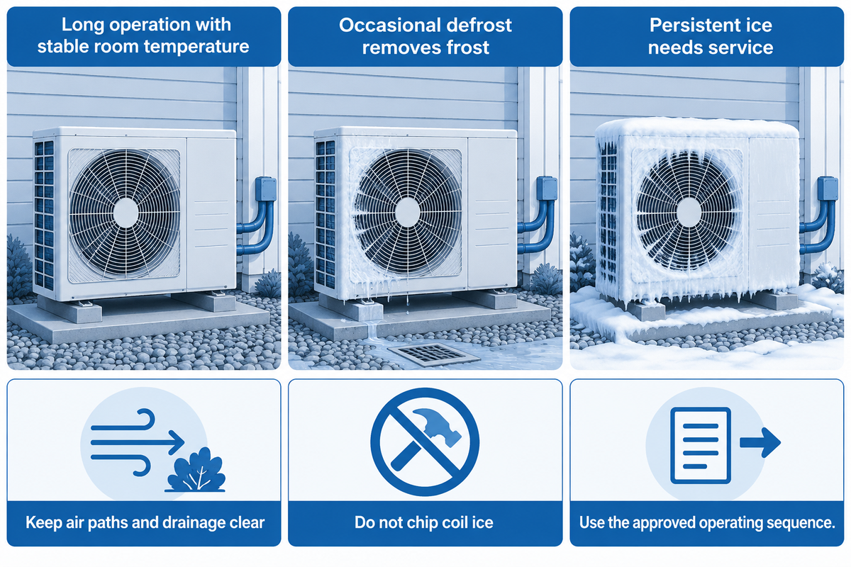Stable indoor temperature can accompany long winter operation; persistent icing needs service - NRCan.