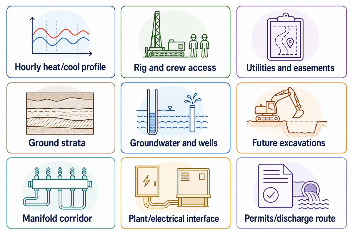 Three-by-three grid of all nine site conditions in the commercial geothermal borefield constraint map.