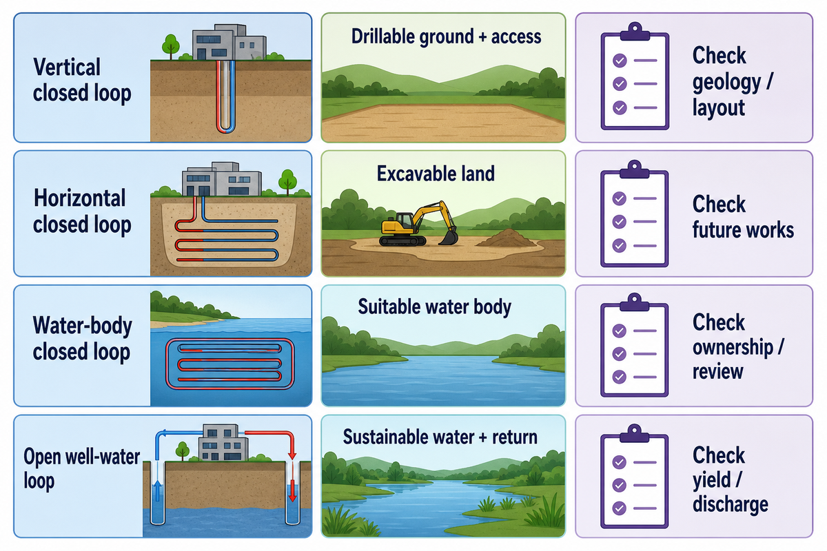 Four-lane comparison of vertical, horizontal, water-body and open-well geothermal loops and their site constraints.