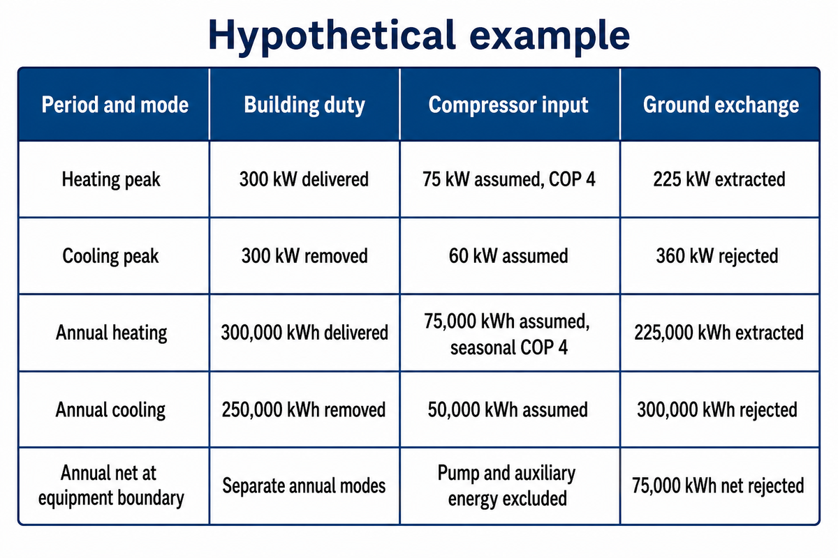 Hypothetical five-row geothermal ground-side load ledger showing heating and cooling peaks, annual flows and pump-energy exclusion.