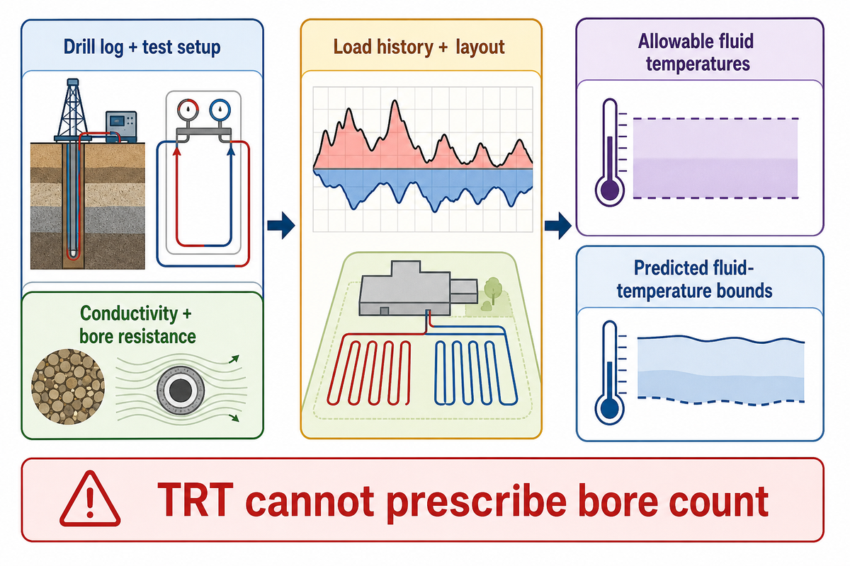 Flow diagram from thermal response test inputs through a ground-field model to allowable fluid-temperature bounds.
