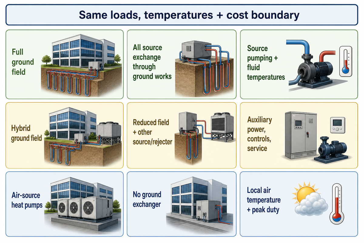 Three-lane comparison of full ground field, hybrid ground field and air-source heat-pump routes.