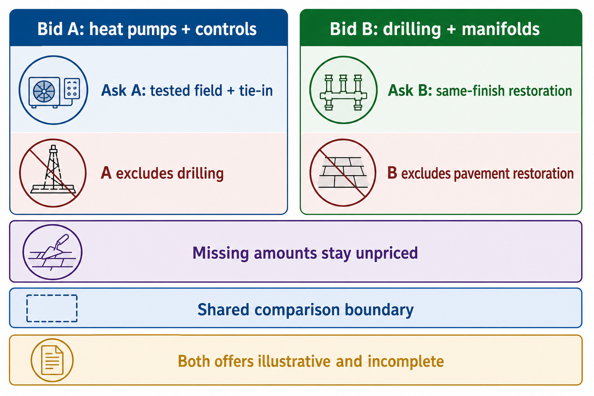 Illustrative bid A and bid B geothermal scope cards showing drilling and pavement-restoration exclusions that prevent comparison.