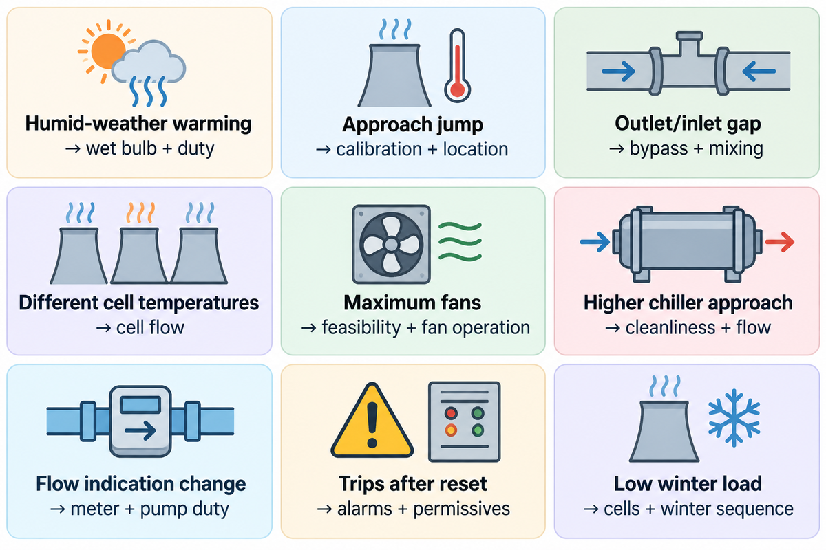 Nine observations guide checks for weather, sensors, mixing, flow, fans, cleanliness, trips and winter load.