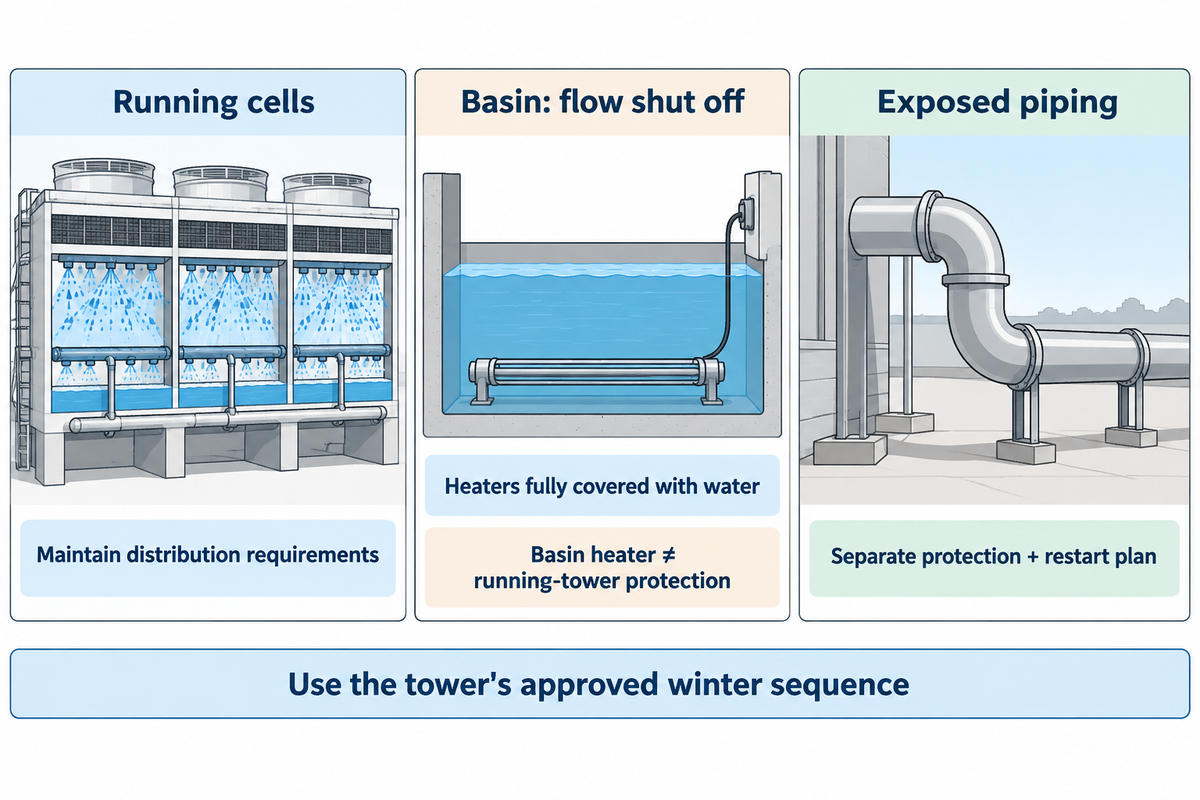 Running cells, immersed basin heaters with flow off, and exposed pipes need separate protection (Lindahl).