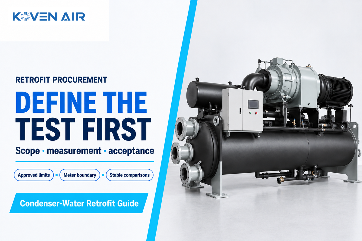 Specify approved limits, the meter boundary and stable comparisons before buying a condenser-water retrofit.