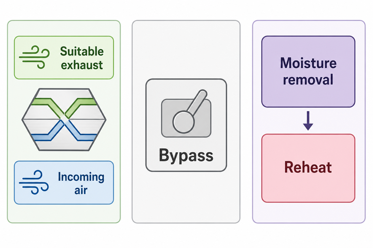 Conceptual DOAS function comparison separates energy recovery, bypass, moisture removal and reheat