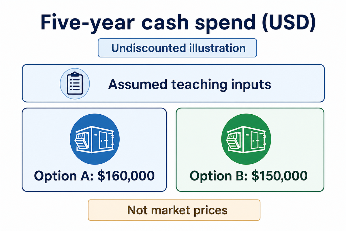 Assumed teaching example compares modeled cash spend of 160,000 dollars for Option A and 150,000 dollars for Option B