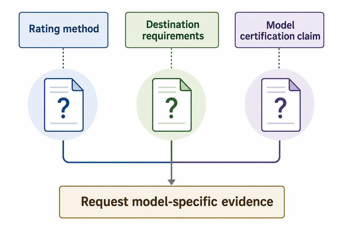 DOAS quotation documentation distinguishes rating method, destination requirements and model-specific certification evidence