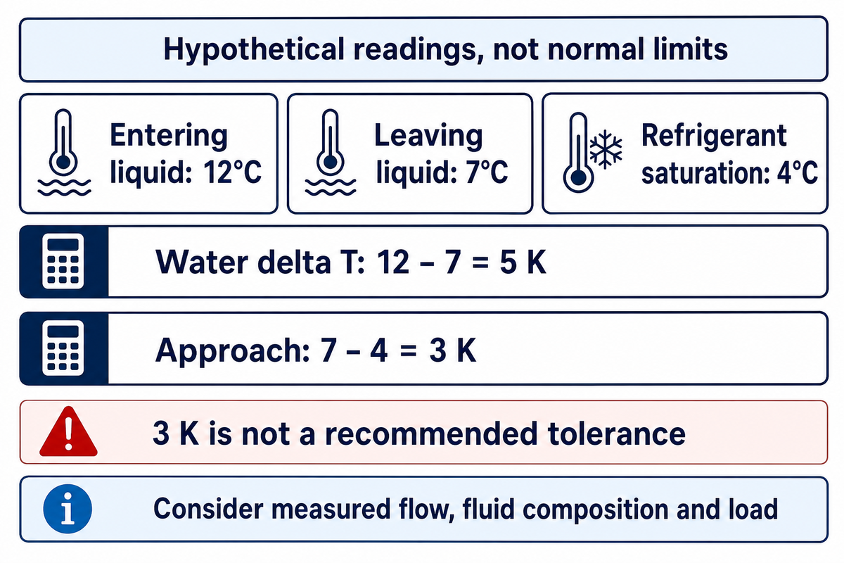 Hypothetical 12°C entering, 7°C leaving and 4°C saturation yield 5 K water delta T and 3 K approach, not limits